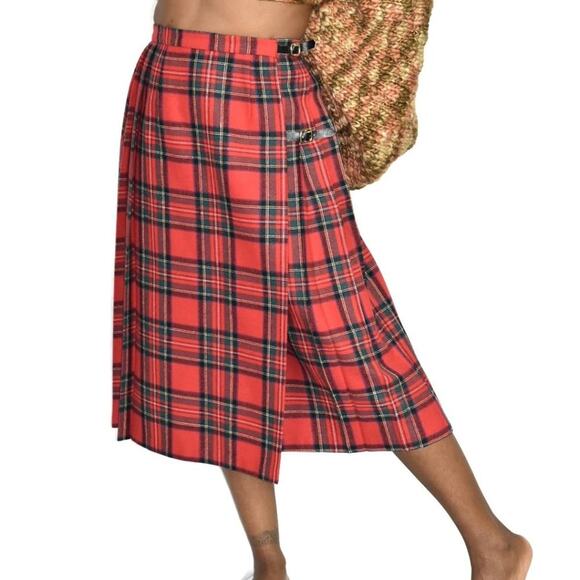 Chaus Tartan Skirt Red Vintage Midi Plaid Check Kilt Pleats Wrap Wool Size Small - Picture 2 of 12